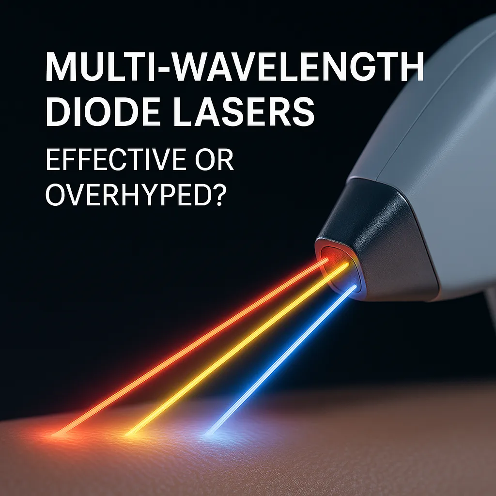 Detailní záběr hlavice diodového laseru s více vlnovými délkami, který vysílá barevné paprsky, s důrazem na diskusi o jeho účinnosti.